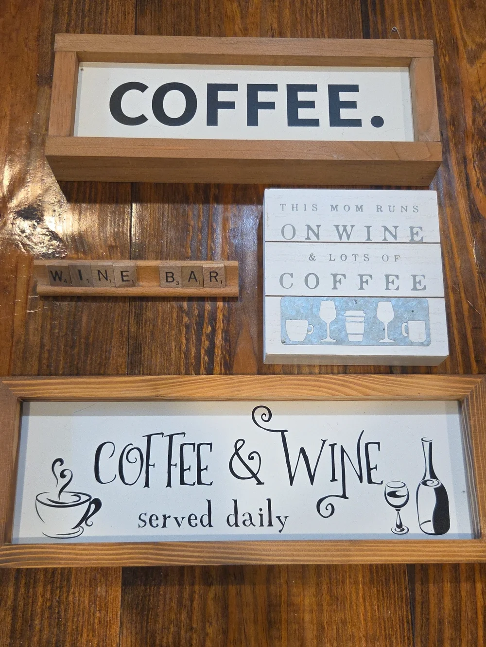 Wood Framed Coffee & Wine Wall Sign - Rustic White and Natural Wood